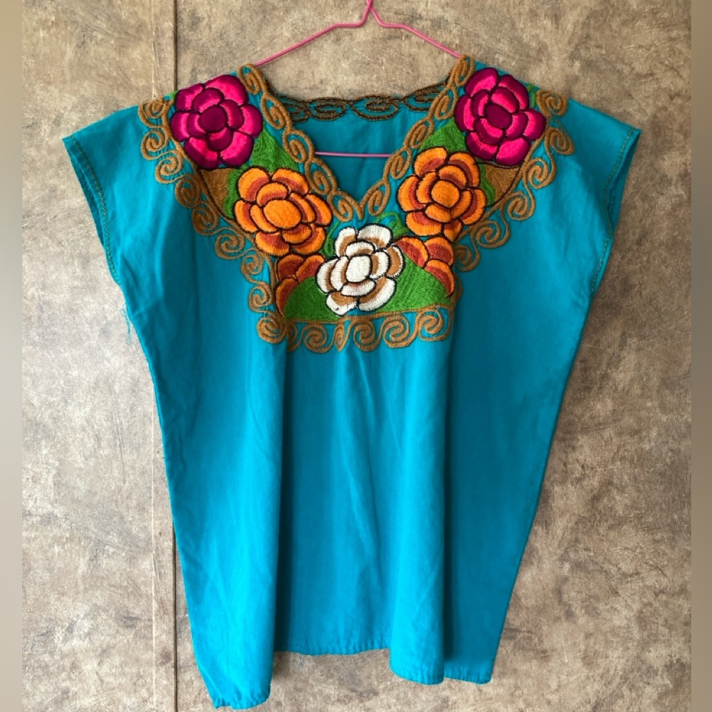 Mexican Embroidered Turquoise Boho Hippie Blouse Artsy Top S P M